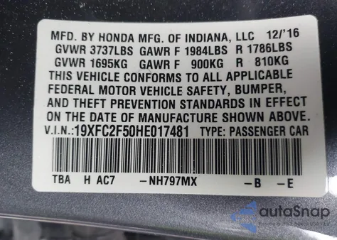2017 Honda Civic Lx z USA, uszkodzony, nr VIN 19XFC2F50HE017481